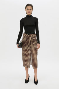 Front-styled-2 view CAMILLA AND MARC Mannix midi skirt in chocolate check.