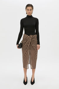 Front-styled view CAMILLA AND MARC Mannix midi skirt in chocolate check.