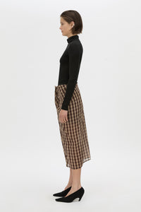 Side view CAMILLA AND MARC Mannix midi skirt in chocolate check.