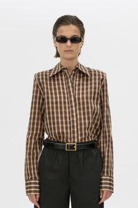 Cropped view CAMILLA AND MARC Mannix shirt in chocolate check.