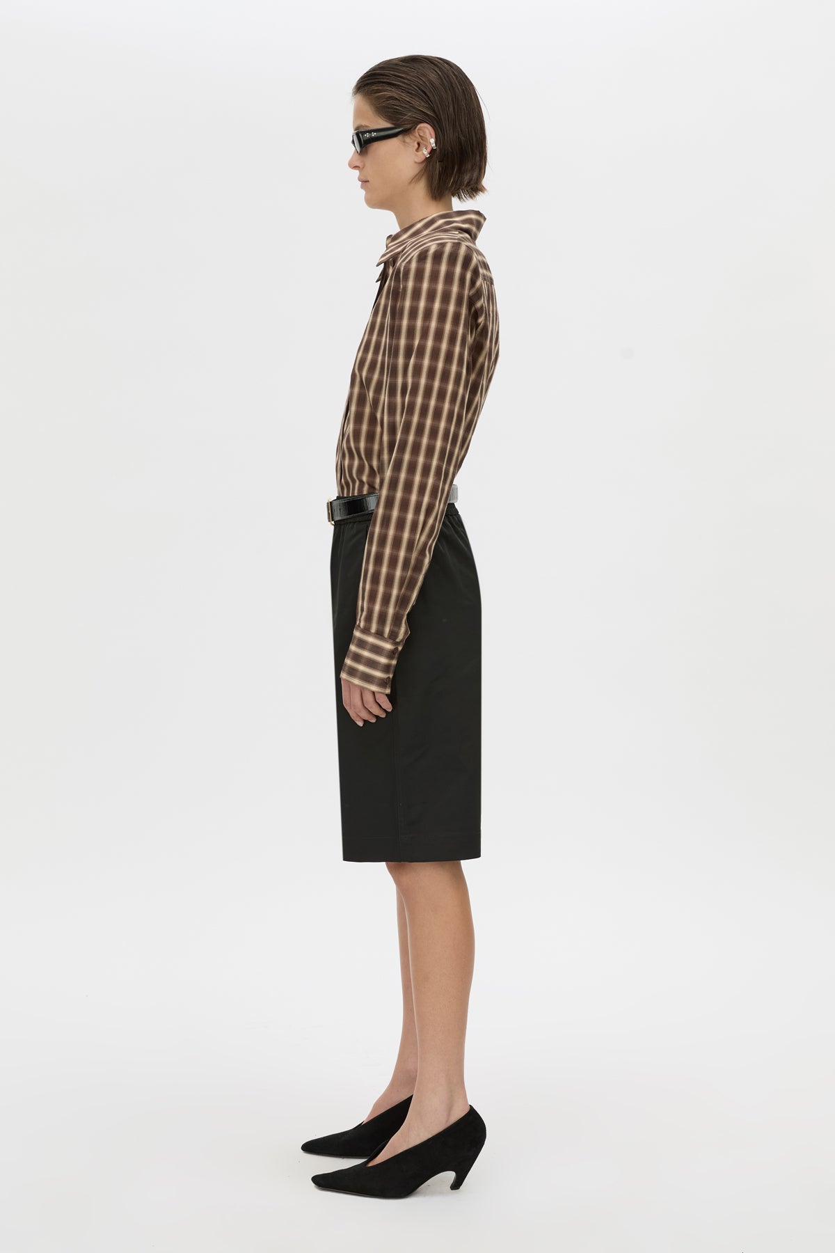 Side view CAMILLA AND MARC Mannix shirt in chocolate check.