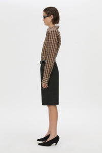 Side view CAMILLA AND MARC Mannix shirt in chocolate check.