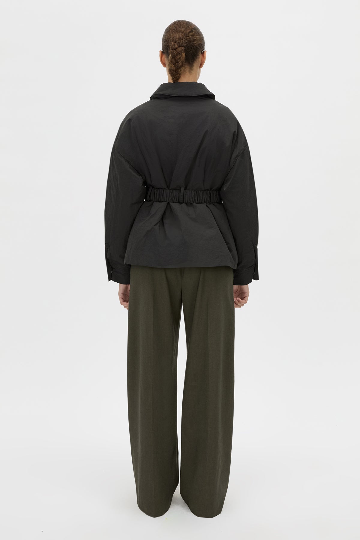 Back View - CAMILLA AND MARC Manon Padded Belted Jacket in black with hammered textured fabrication. 