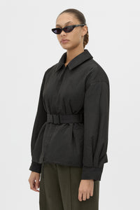 Detail View - CAMILLA AND MARC Manon Padded Belted Jacket in black with hammered textured fabrication. 