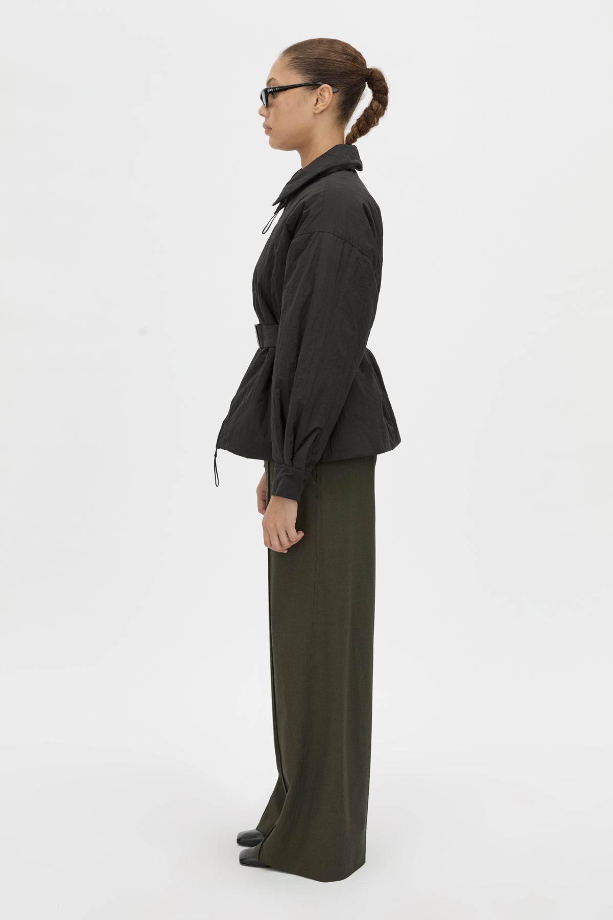 Side View - CAMILLA AND MARC Manon Padded Belted Jacket in black with hammered textured fabrication. 