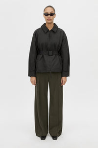 Styled View - CAMILLA AND MARC Manon Padded Belted Jacket in black with hammered textured fabrication. 