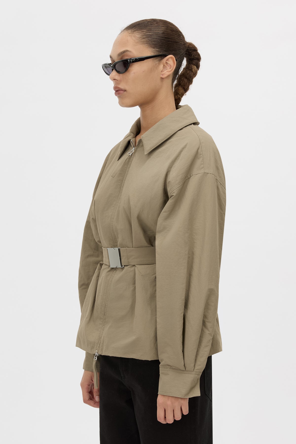 Side View - CAMILLA AND MARC Manon Padded Belted Jacket in clay with hammered textured fabrication. 
