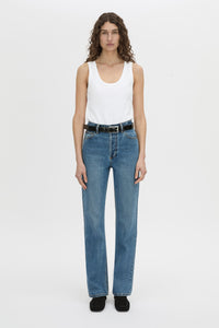 Front-styled view CAMILLA AND MARC Manuela high waisted straight leg classic jean in classic blue.
