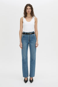Front view CAMILLA AND MARC Manuela high waisted straight leg classic jean in classic blue.