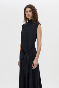 Cropped view CAMILLA AND MARC Mavis Midi Dress in midnight with waist tie detail.