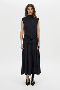 Front-styled view CAMILLA AND MARC Mavis Midi Dress in midnight with waist tie detail.