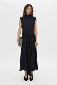 Front view CAMILLA AND MARC Mavis Midi Dress in midnight with waist tie detail.