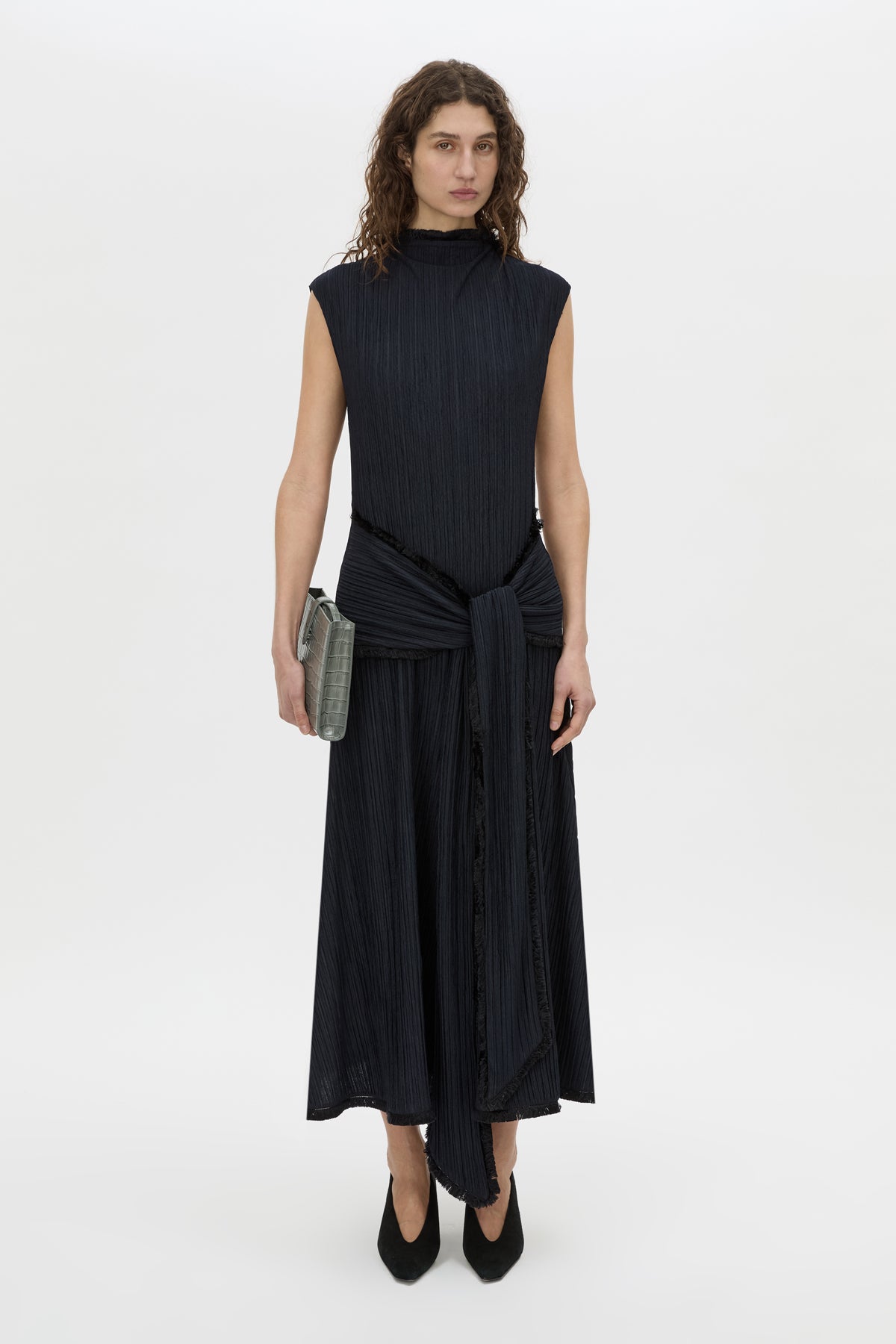 Front view CAMILLA AND MARC Mavis Midi Dress in midnight with waist tie detail.
