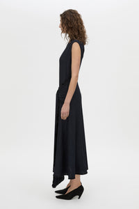 Side view CAMILLA AND MARC Mavis Midi Dress in midnight with waist tie detail.