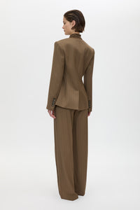 Back view CAMILLA AND MARC Maxim Fitted Collarless Blazer in Cinnamon Pinstripe with wool blend fabrication.