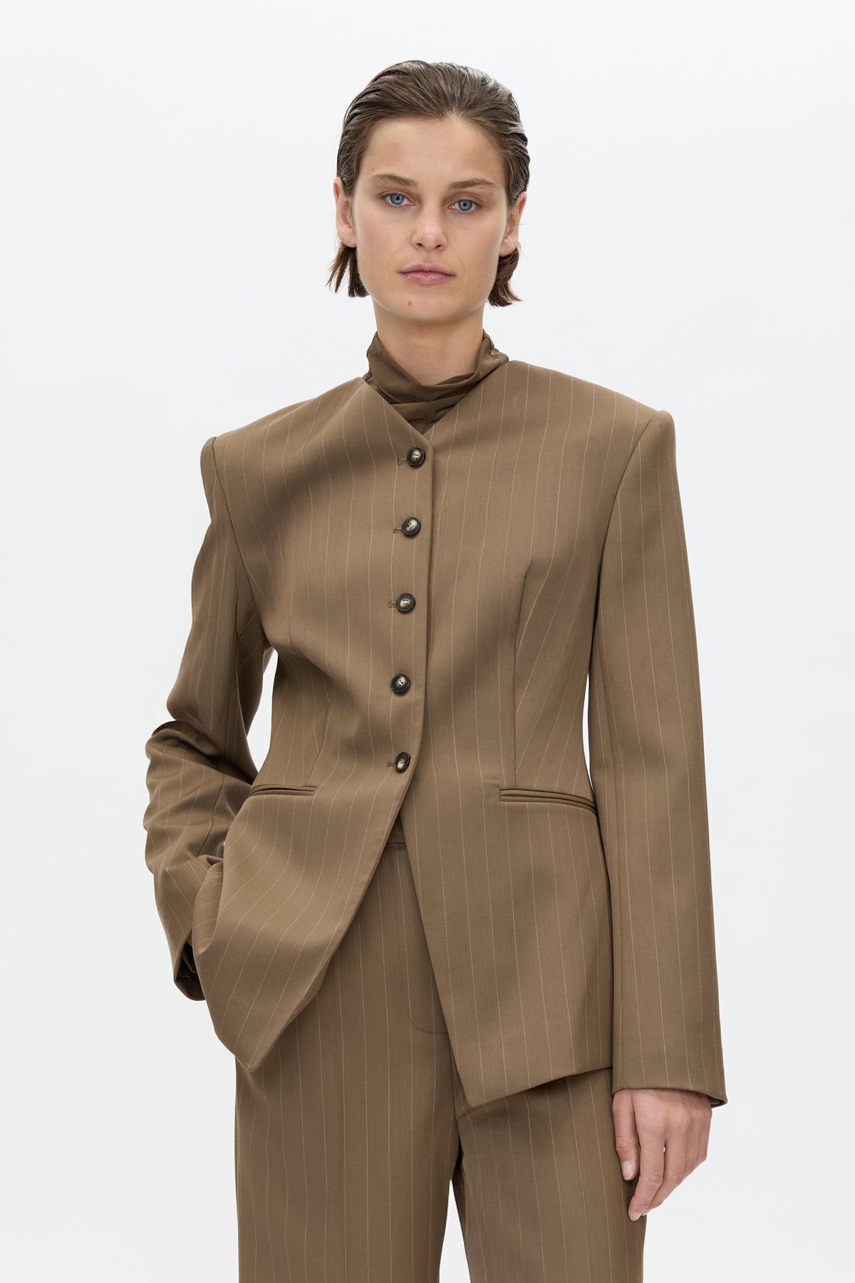 Cropped view CAMILLA AND MARC Maxim Fitted Collarless Blazer in Cinnamon Pinstripe with wool blend fabrication.
