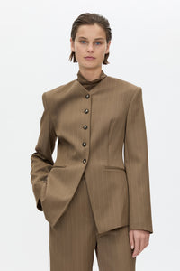 Cropped view CAMILLA AND MARC Maxim Fitted Collarless Blazer in Cinnamon Pinstripe with wool blend fabrication.