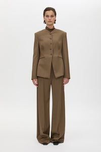 Front view CAMILLA AND MARC Maxim Fitted Collarless Blazer in Cinnamon Pinstripe with wool blend fabrication.