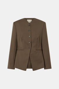 Ghost view CAMILLA AND MARC Maxim Fitted Collarless Blazer in Cinnamon Pinstripe with wool blend fabrication.