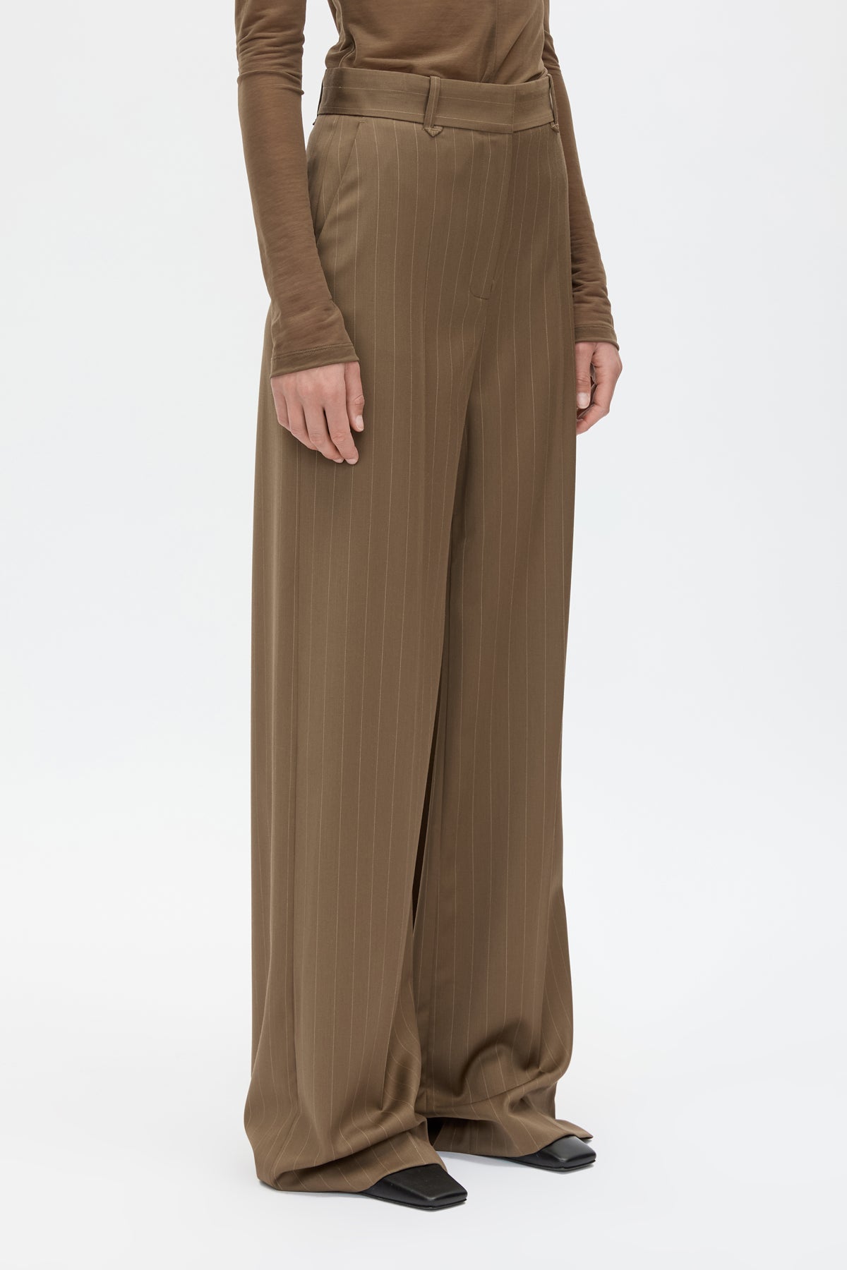 Cropped view CAMILLA AND MARC Maxim Manstyle Pant in Cinnamon Brown Pinstripe, featuring a tailored silhouette.