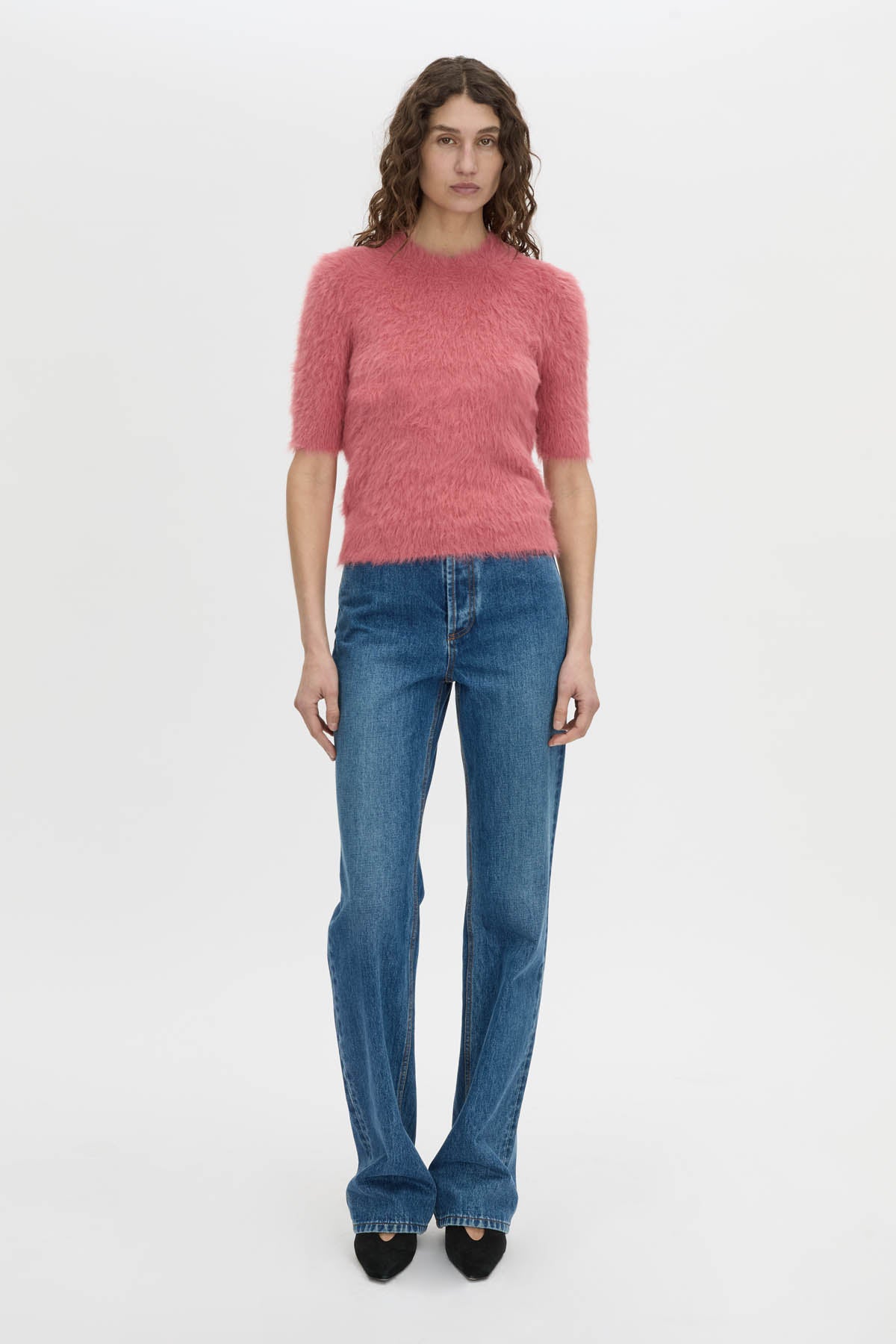 Front-styled view CAMILLA AND MARC Maxime slim fit knit t-shirt in blush pink.