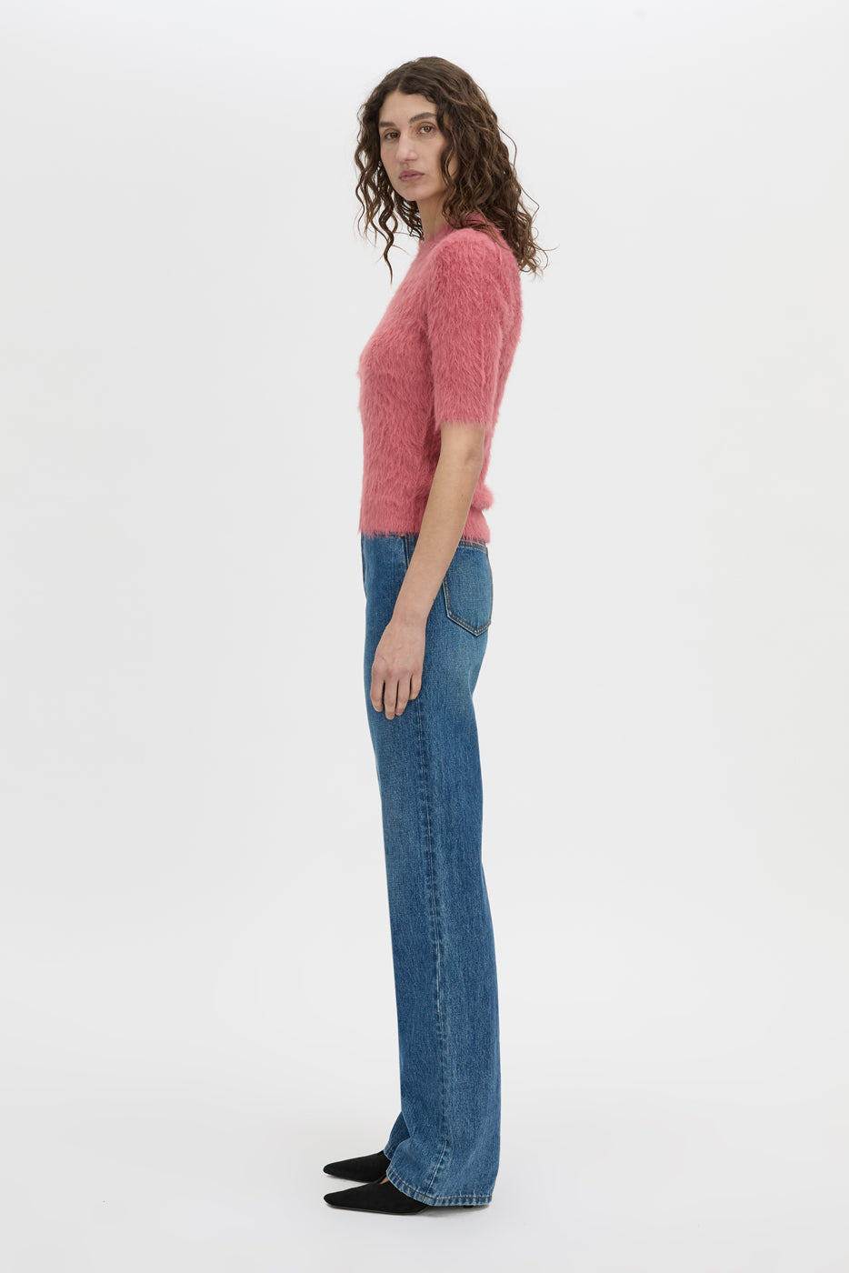Side view CAMILLA AND MARC Maxime slim fit knit t-shirt in blush pink.