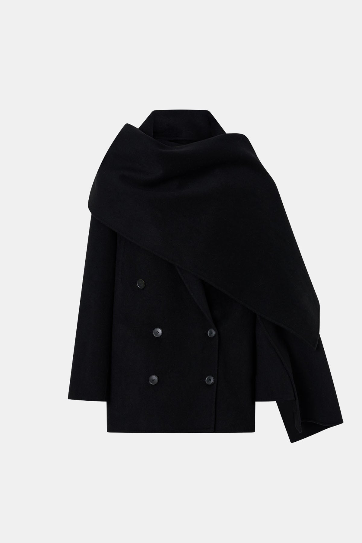 Ghost view CAMILLA AND MARC Memoria Short Coat in Black with detachable wide scarf.