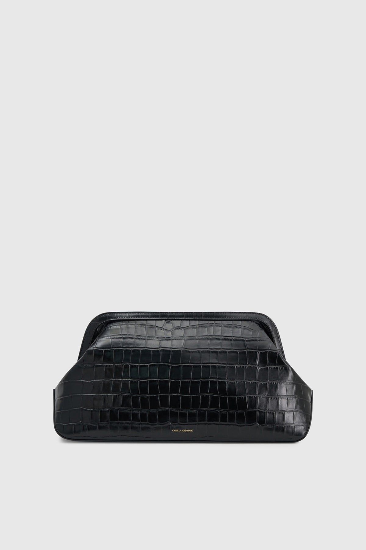 Front view CAMILLA AND MARC Mette Bag in black croc embossed leather.