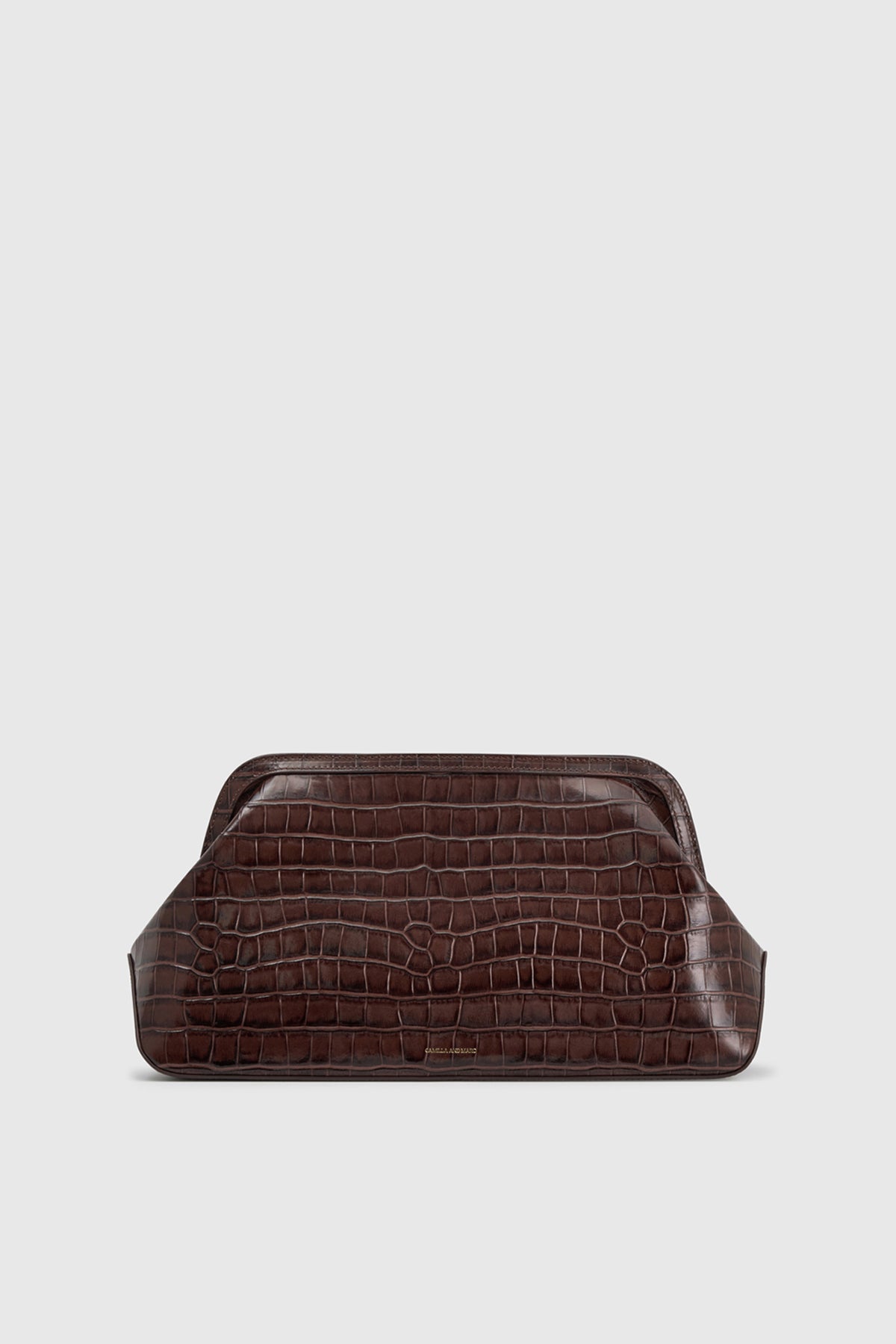 Front view CAMILLA AND MARC Mette Bag in brown croc embossed leather.