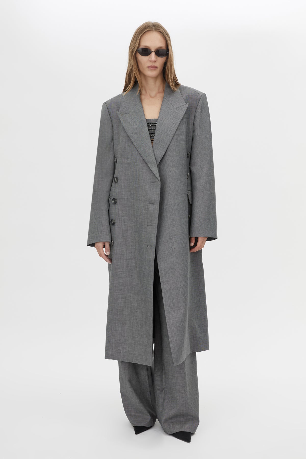 Front view CAMILLA AND MARC Meyer Double Breasted Coat in Charcoal Grey crafted from 100% Australian wool.