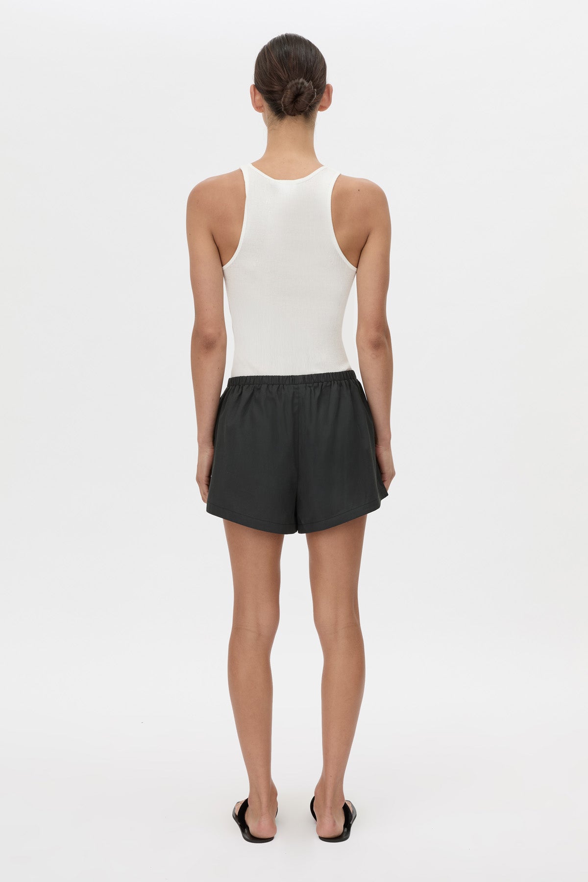 Back view CAMILLA AND MARC Milo mid-rise cotton pull-on boxer short in black.