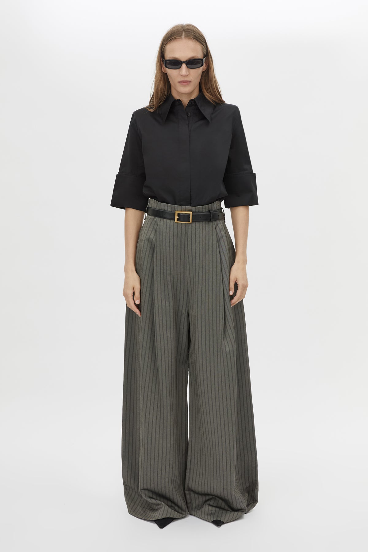 Front styled view CAMILLA AND MARC Mina Pant in Steel Grey Stripe with a high‑waisted wide‑leg silhouette and corseted waist.
