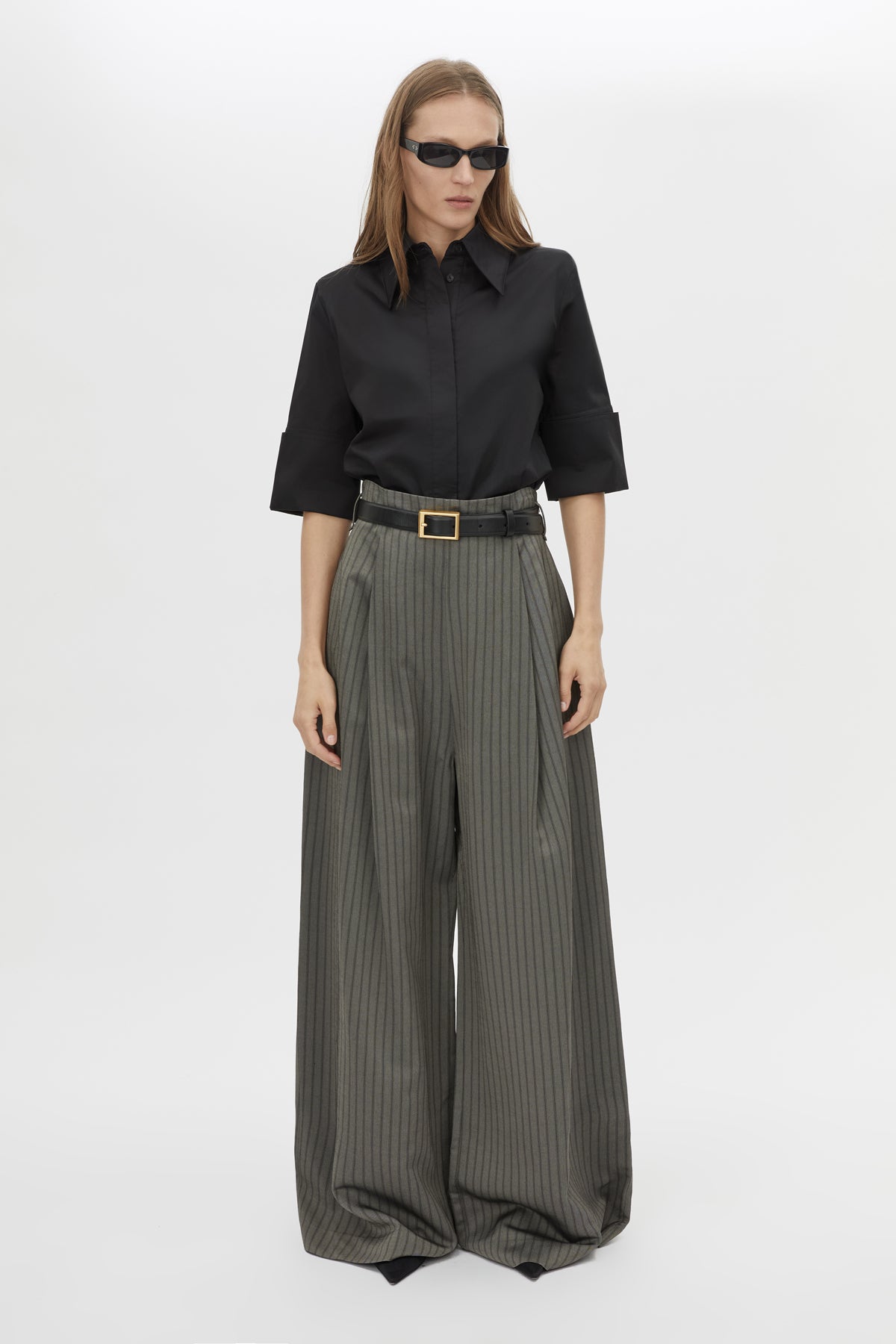 Front view CAMILLA AND MARC Mina Pant in Steel Grey Stripe with a high‑waisted wide‑leg silhouette and corseted waist.