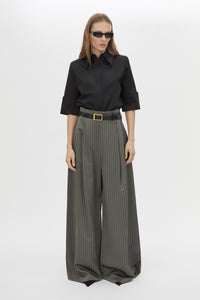 Front view CAMILLA AND MARC Mina Pant in Steel Grey Stripe with a high‑waisted wide‑leg silhouette and corseted waist.