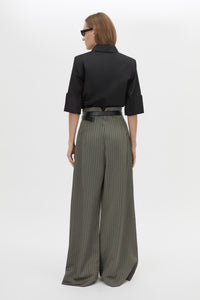 Back view CAMILLA AND MARC Mina Pant in Steel Grey Stripe with a high‑waisted wide‑leg silhouette and corseted waist.