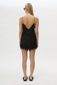 Back view CAMILLA AND MARC Mirage Lace Trim Short in Black, featuring a satin fabrication, and elastic waistband.