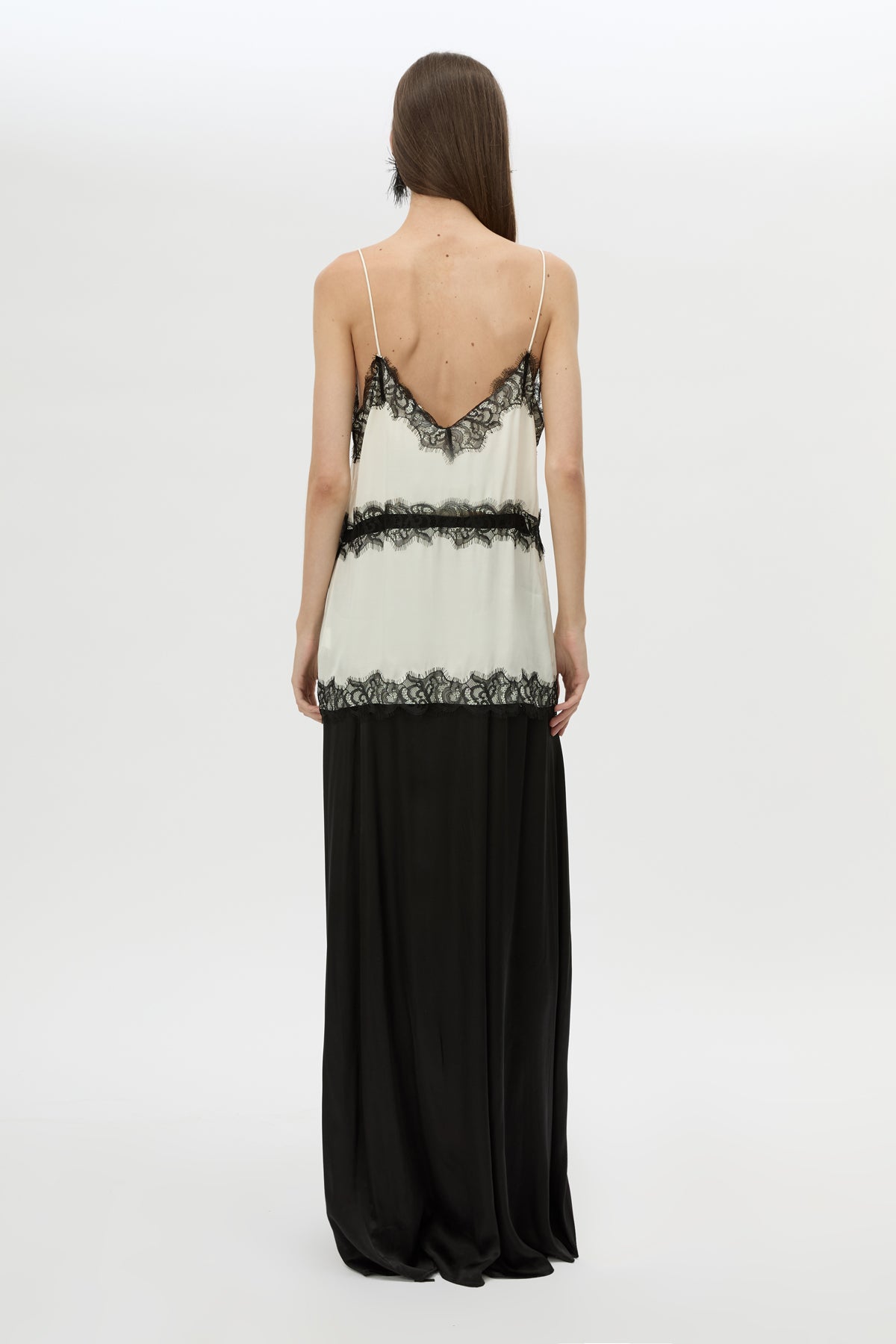 Back view CAMILLA AND MARC Mirage Lace Trim Top in Cream with V‑neck cami silhouette, and lace border trim.