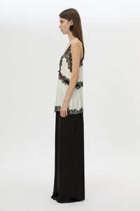 Side view CAMILLA AND MARC Mirage Lace Trim Top in Cream with V‑neck cami silhouette, and lace border trim.