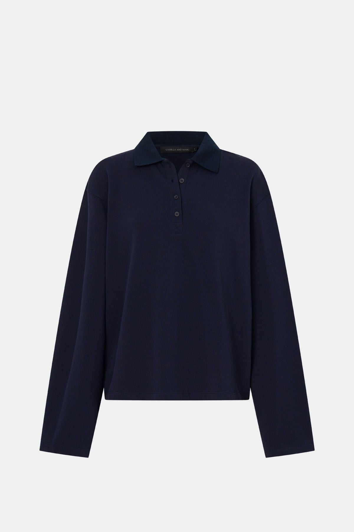 Ghost view CAMILLA AND MARC cotton Moreno Long Sleeve Polo Top in navy with quarter external button placket.