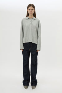 Front view CAMILLA AND MARC Moreno Long Sleeve Polo Top in Grey Marle styled with the Manuela Denim Jean.