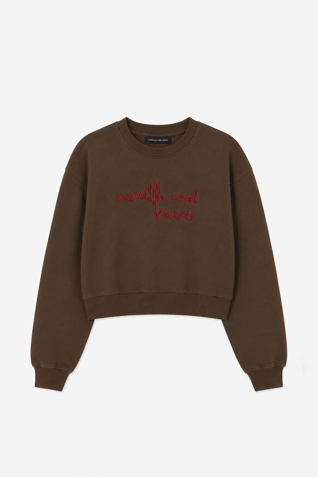 Ghost view CAMILLA AND MARC Maren Crop Tracksuit Top in mid brown with raised logo embroidery.