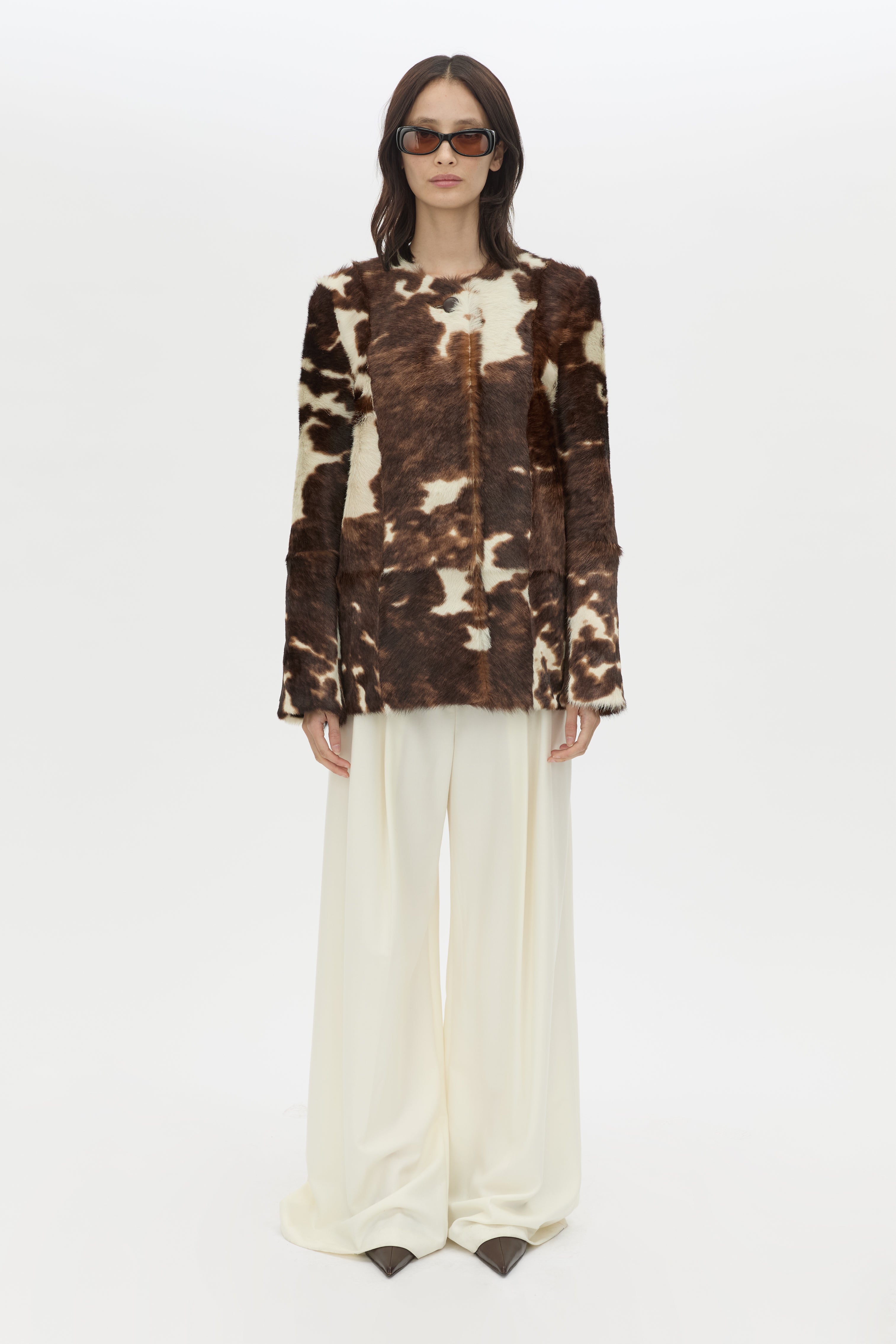Front view CAMILLA AND MARC Myna Printed Jacket in chocolate fur leather.