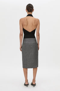 Back view CAMILLA AND MARC Myro Bodysuit in black with a knotted wrap cowl neckline.