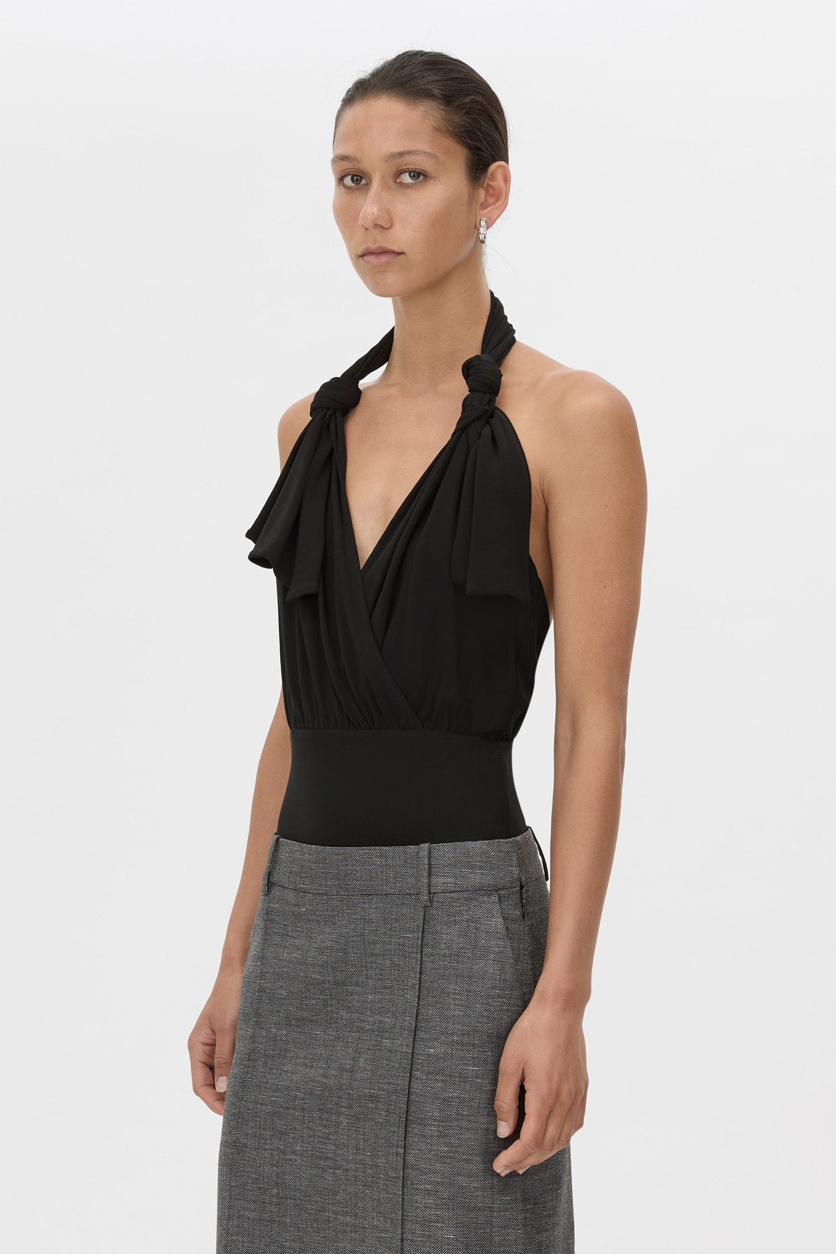 Cropped view CAMILLA AND MARC Myro Bodysuit in black with a knotted wrap cowl neckline.