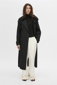 Front-styled view CAMILLA AND MARC mid-rise Naidee Satin Relaxed Pant in ivory white with an elasticated gathered waistband.
