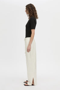 Side view CAMILLA AND MARC mid-rise Naidee Satin Relaxed Pant in ivory white with an elasticated gathered waistband.