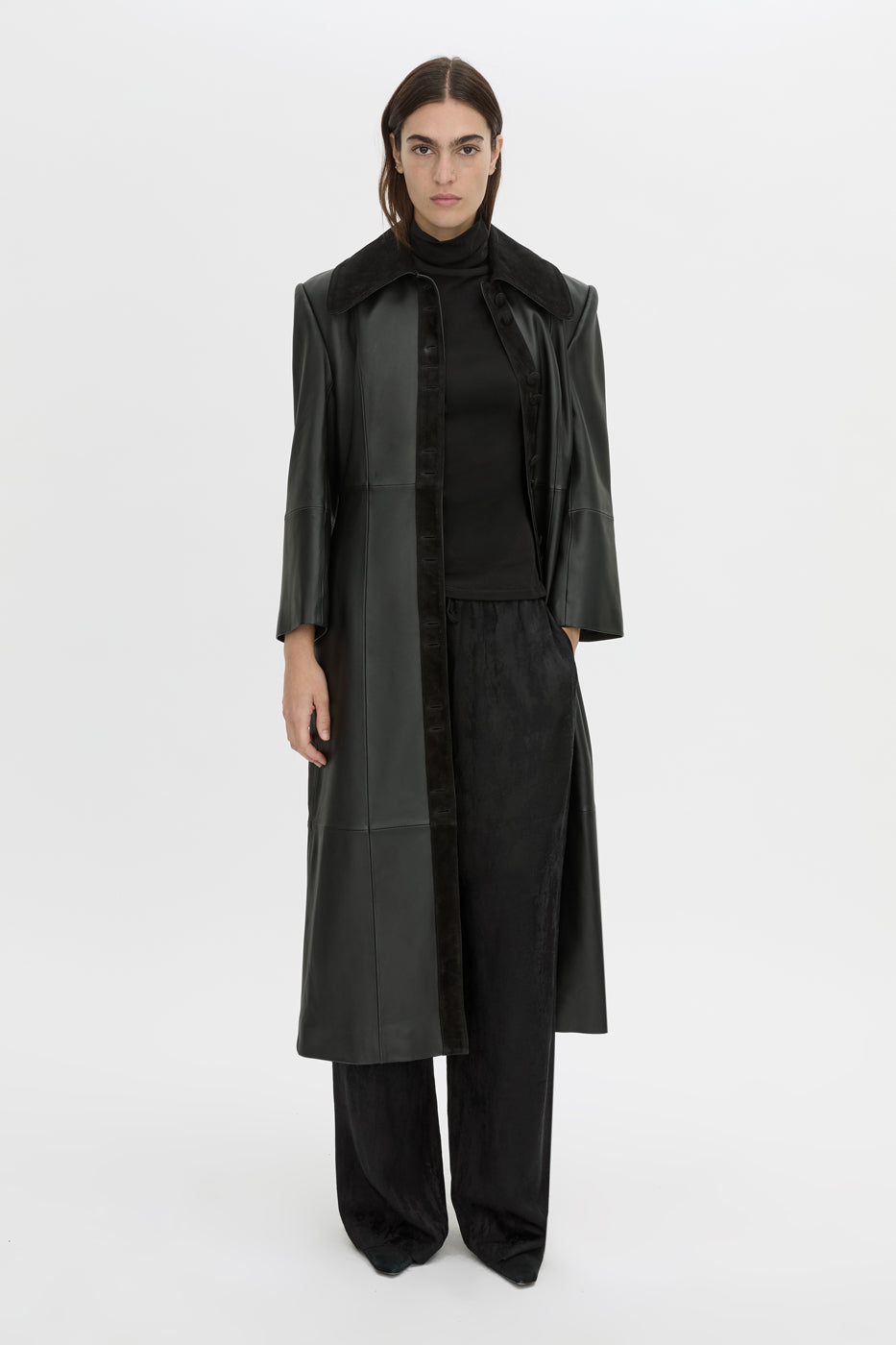 Front-styled view CAMILLA AND MARC mid-rise Naidee Satin Relaxed Pant in black with an elasticated gathered waistband.