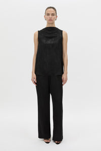 Styled view CAMILLA AND MARC mid-rise Naidee Satin Relaxed Pant in black with an elasticated gathered waistband.