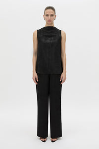 Front-styled view CAMILLA AND MARC Naidee Satin Sleeveless Top in black with sleeveless shell design in satin fabrication.