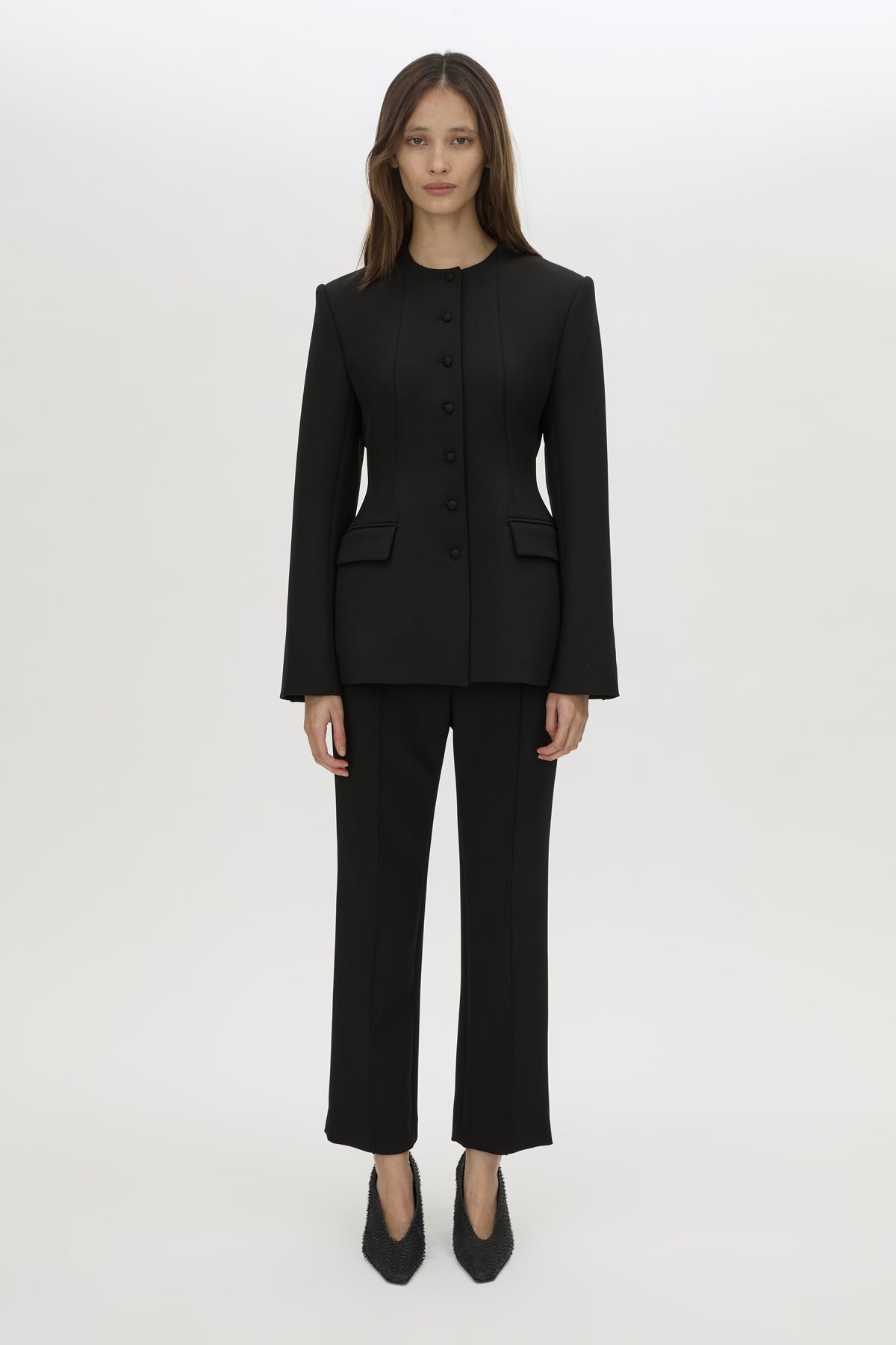 Front view CAMILLA AND MARC Namira Blazer in black with round‑neck tailored design.